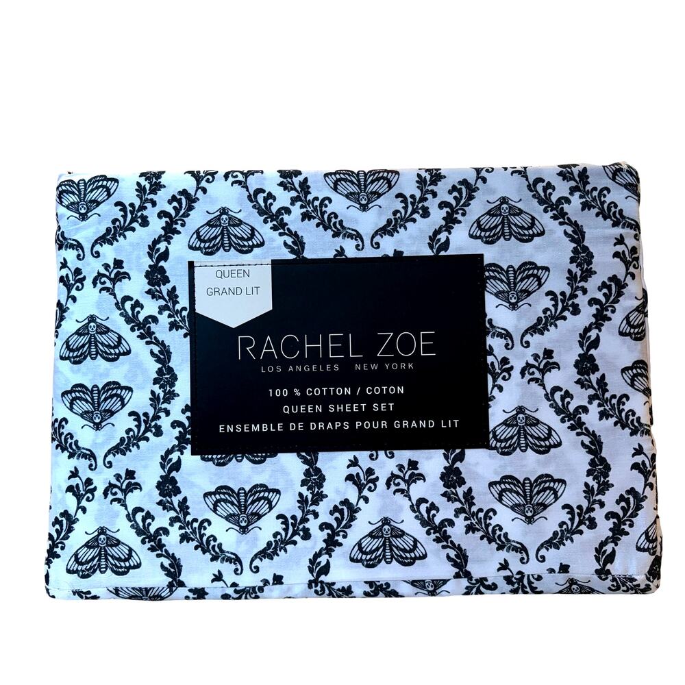 Rachel Zoe Moth Damask QUEEN Sheet Set 4pc Black White 100% Cotton Halloween NEW